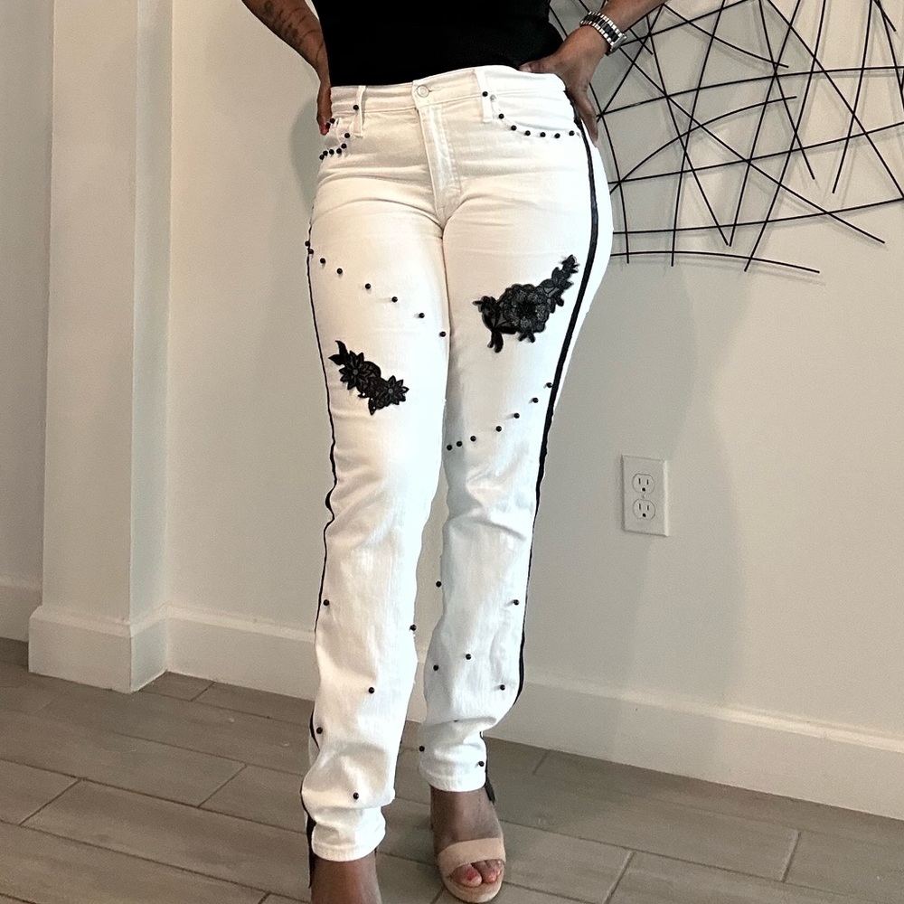 Custom White Jeans with Black Embroidery